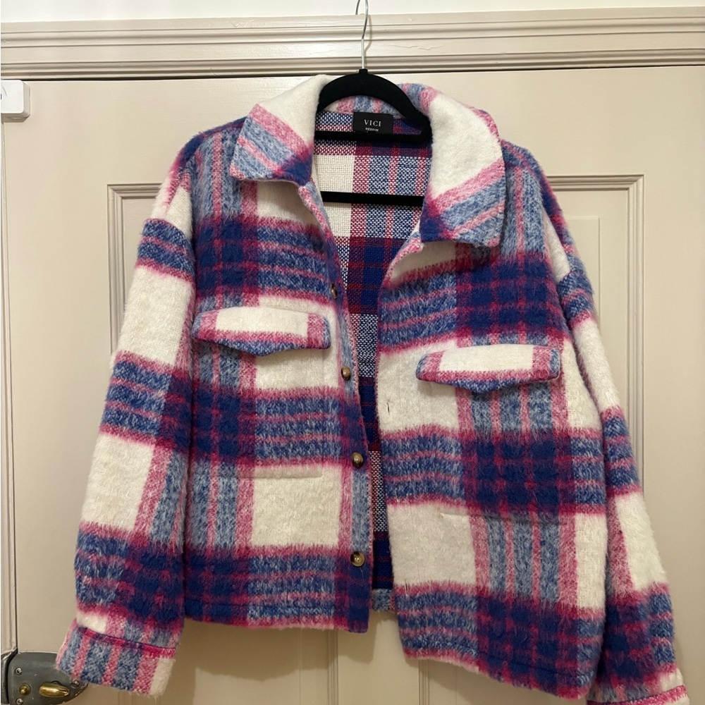 Vici Women's Cream, Pink, and Blue Teddy Jacket